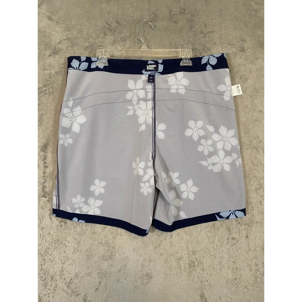Lands' End Board Shorts Mens 40 Navy Blue Floral‎ Tropical Swim Trunks Stretch